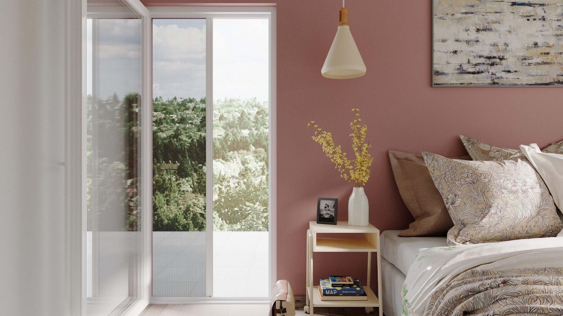 Fliegengitter und Insektenschutz als Türplissee im Schlafzimmer Fliegengitter und Insektenschutz als Türplissee im Schlafzimmer